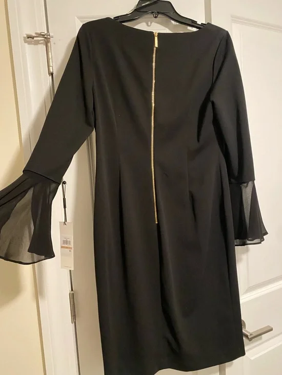 Calvin Klein Black Long-Sleeve Shift Dress with Bell Cuffs Perfect LBD - Picture 3 of 6